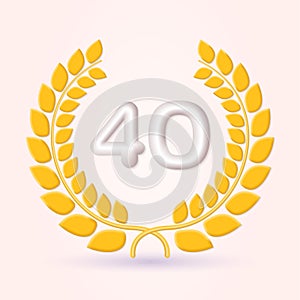 40 years anniversary laurel wreath 3d logo or icon. Jubilee, birthday badge, label design. 40th celebrating emblem.